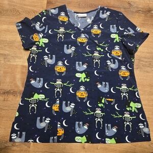 Scrubstar Halloween Sloth Themed Large Scrub Top Pumpkins Skeletons